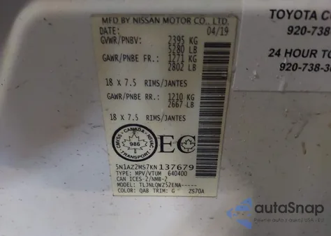 2019 Nissan Murano Platinum/S/Sl/Sv from USA, damaged, VIN 5N1AZ2MS7KN137679